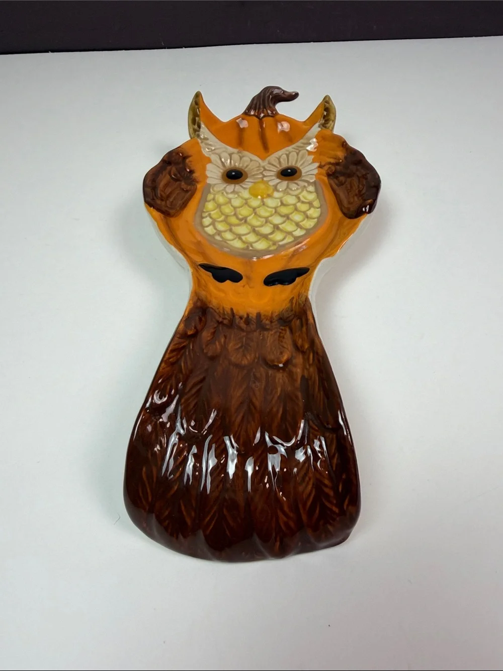 Cracker Barrel Stoneware Owl Spoon Rest Fall Harvest Kitchen Decor Ceramic Owl